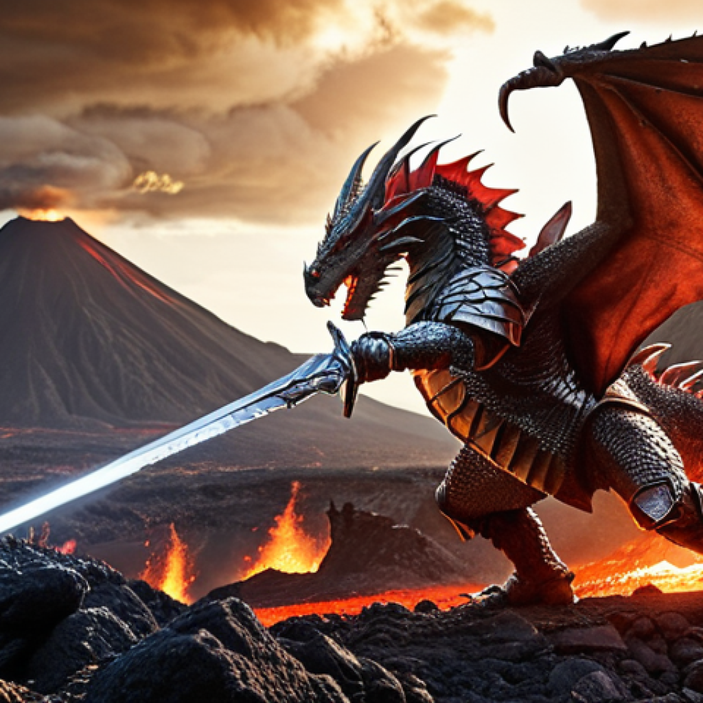 ** A powerful warrior in shining armor, wielding a glowing sword, battling a fearsome dragon in a volcanic landscape. Focus on the warrior's strength and the dragon's menacing presence. Dramatic lighting and special effects to highlight the action.

**