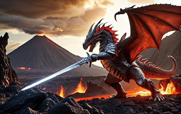 ** A powerful warrior in shining armor, wielding a glowing sword, battling a fearsome dragon in a volcanic landscape. Focus on the warrior's strength and the dragon's menacing presence. Dramatic lighting and special effects to highlight the action.
**