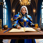 A professional fantasy character, resembling a Daeva from Aion, fully clothed in a magnificent, modest, and intricate set of gold and sapphire-blue fantasy armor. The character stands confidently in a well-lit, grand hall filled with ancient scrolls and glowing alchemical flasks, meticulously arranging various potions and scrolls on a polished wooden table. The scene emphasizes strategic preparation and thoughtful planning. Soft, magical light illuminates the detailed textures of the armor and the arcane items. perfect anatomy, correct proportions, natural pose, well-formed hands, proper finger count, natural body proportions, professional photography, high quality, safe for work, appropriate content, fully clothed, professional dress, family-friendly.