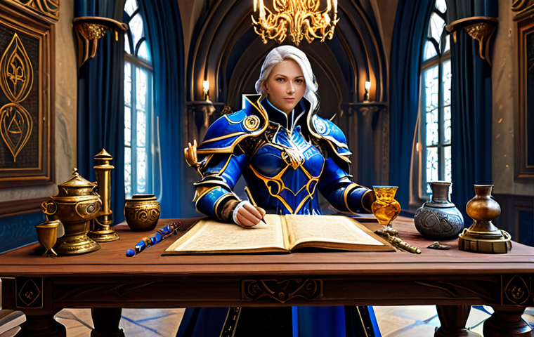 A professional fantasy character, resembling a Daeva from Aion, fully clothed in a magnificent, modest, and intricate set of gold and sapphire-blue fantasy armor. The character stands confidently in a well-lit, grand hall filled with ancient scrolls and glowing alchemical flasks, meticulously arranging various potions and scrolls on a polished wooden table. The scene emphasizes strategic preparation and thoughtful planning. Soft, magical light illuminates the detailed textures of the armor and the arcane items. perfect anatomy, correct proportions, natural pose, well-formed hands, proper finger count, natural body proportions, professional photography, high quality, safe for work, appropriate content, fully clothed, professional dress, family-friendly.