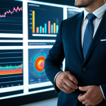 A focused professional person wearing a modern, smart business suit, standing in front of a sleek, holographic display that visualizes abstract data flow, rapid progress lines, and accelerating charts. The background is a blurred, futuristic office environment. The overall mood is dynamic and efficient. fully clothed, appropriate attire, safe for work, professional, perfect anatomy, correct proportions, well-formed hands, proper finger count, natural body proportions, natural pose, high quality, studio lighting, detailed.
