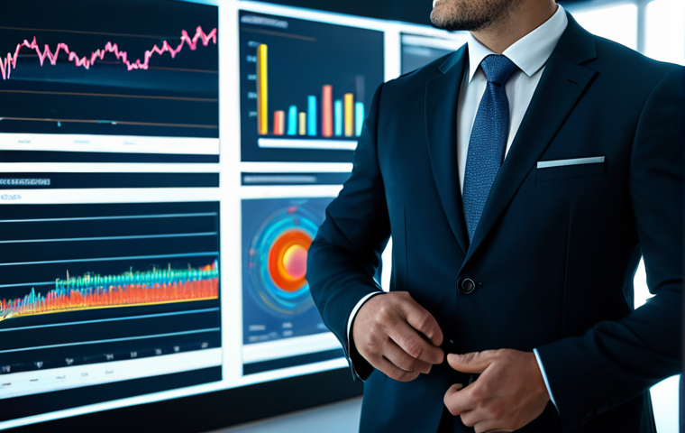 A focused professional person wearing a modern, smart business suit, standing in front of a sleek, holographic display that visualizes abstract data flow, rapid progress lines, and accelerating charts. The background is a blurred, futuristic office environment. The overall mood is dynamic and efficient. fully clothed, appropriate attire, safe for work, professional, perfect anatomy, correct proportions, well-formed hands, proper finger count, natural body proportions, natural pose, high quality, studio lighting, detailed.